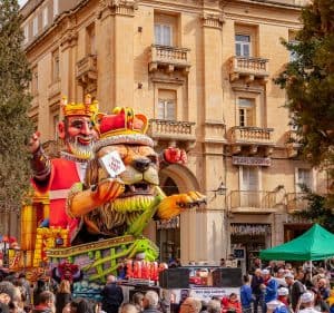 Large floats parade through the streets of Valletta at the Carnival in Malta.