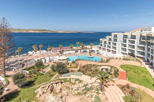 The Dolmen Hotel and its seaside views from Bugibba / Qawra.