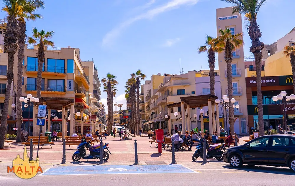 The main square in the heart of Buġibba, Malta.