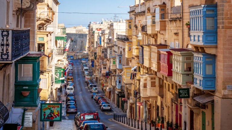 Traditional Maltese balconies lining the streets of Valletta.